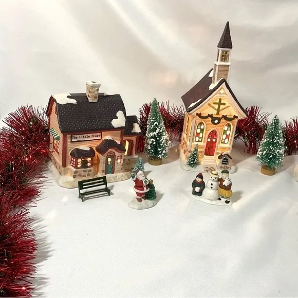 Vintage Christmas Lighted church store and house town set holiday decor - Picture 9 of 11